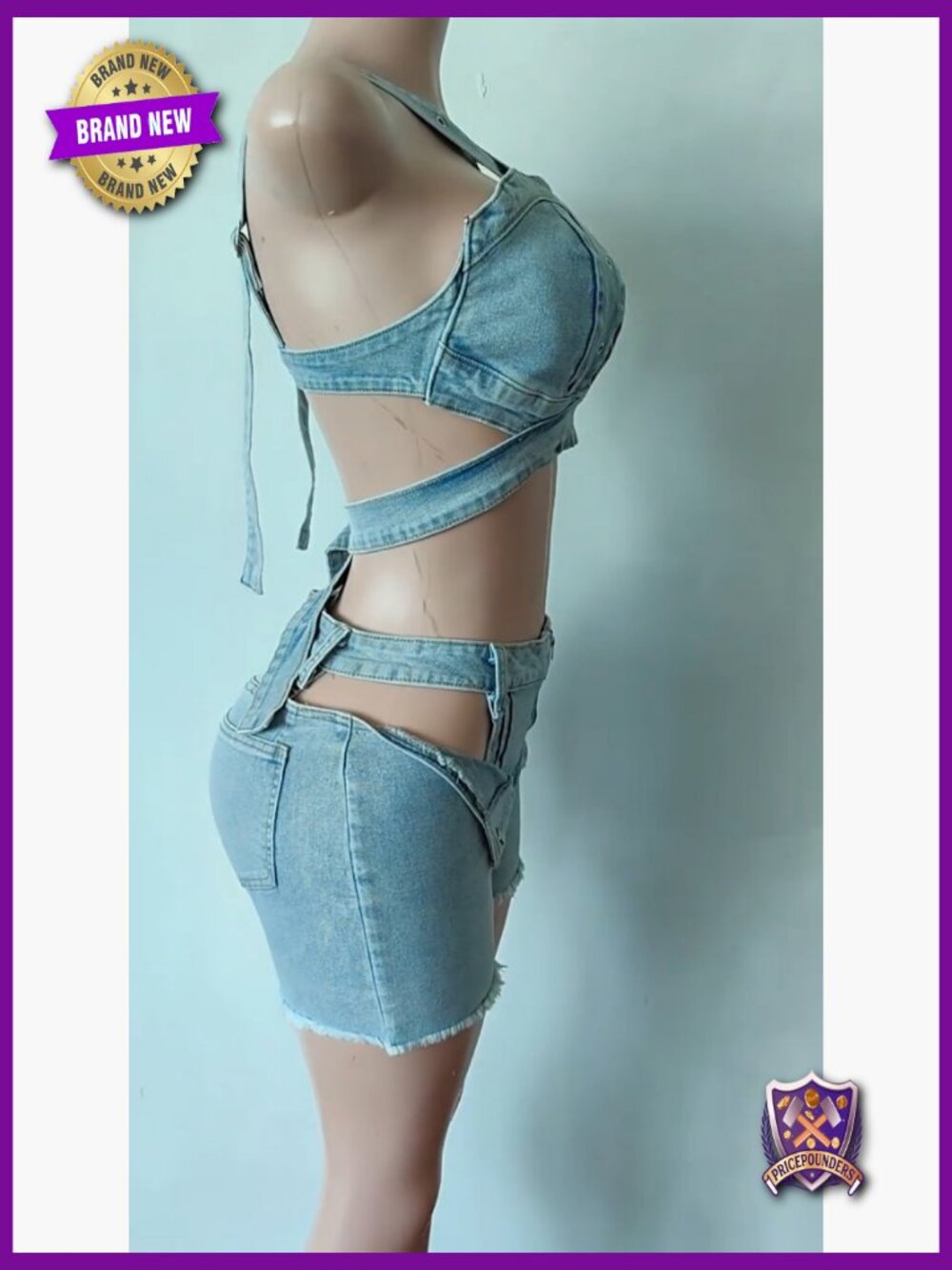 2 Piece Denim Shorts Set Sleeveless Crop Top Bodycon Y2K Outfit - Picture 6 of 7